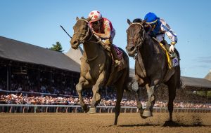 alt=" Potential horse of the year Midnight Bisou noses out Elate at the wire in the Personal Ensign Stakes"