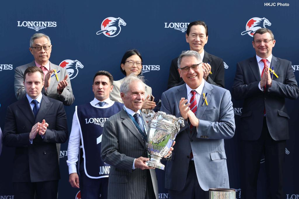 Andre Fabre celebrates his third LONGINES Hong Kong Vase. (HKJC photo)