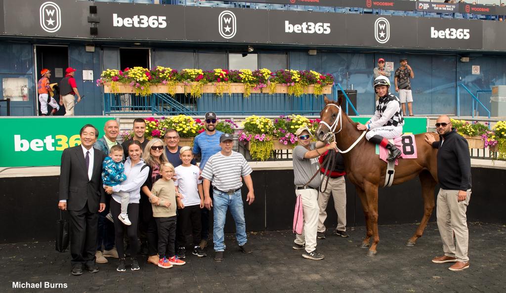 Lady Brew, trainer Steven Chircop and connections in the winner's circle for Race 4 on September 9, 2023, at Woodbine (Michael Burns Photo)