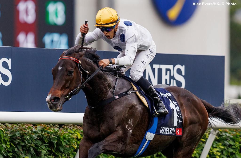 Vincent Ho steers Golden Sixty to an impressive victory in the G1 LONGINES Hong Kong Mile. (Alex Evers/HKJC Photo)