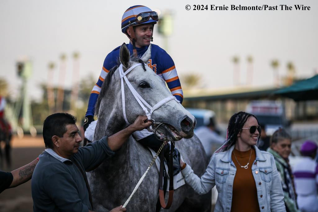 Rose Maddox flew to victory under Flavien Prat in the Sunshine Millions Filly and Mare Turf Sprint at Santa Anita Jan. 13. 2024. (Ernie Belmonte/Past The Wire)