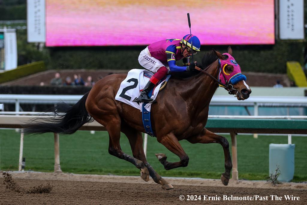 Big Pond cut back in distance a furlong and turned the tables on her California-bred rival Daddysruby as she took command a furlong out under Frankie Dettori. (Ernie Belmonte/Past The Wire)