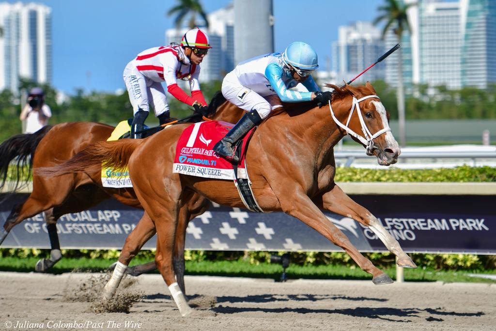Power Squeeze wins the Gulfstream Park Oaks, Juliana Columbo, Past the Wire