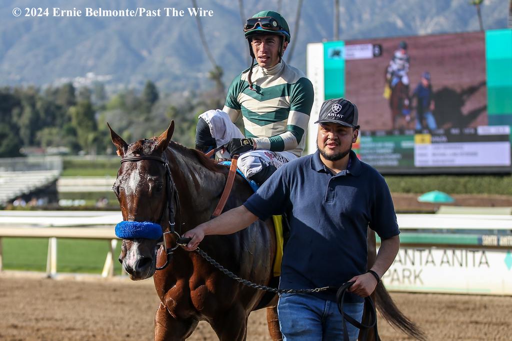 Bob Baffert trainee Kinza showed she is in a class above in her Santa Yaabel victory under Juan Hernandez at Santa Anita March 9 2024. (Ernie Belmonte/Past The Wire)