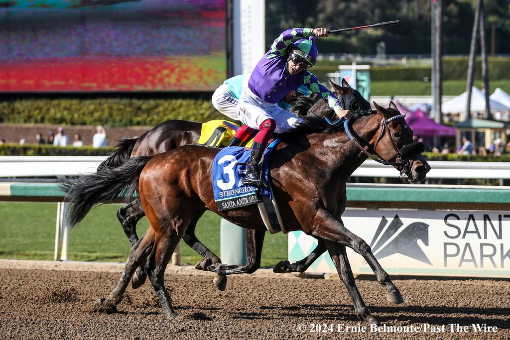 Stronghold prevails by a neck in a thrilling edition of the GI, $750,000 Santa Anita Derby. (Ernie Belmonte/Past The Wire)