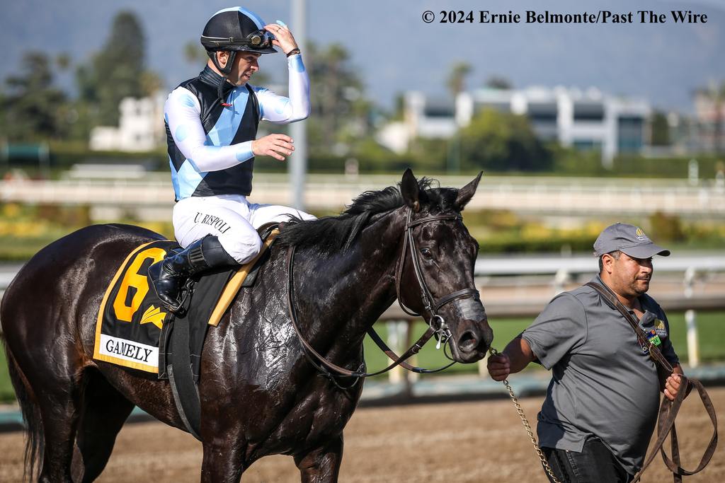 Anisette under a well timed ride by Umberto Rispoli wins The Grade 1 Gamely Stakes at Santa Anita, Ernie Belmonte, Past the Wire