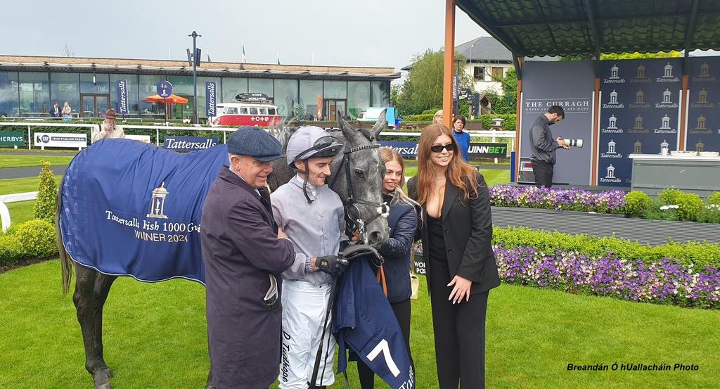 Left to right: Trainer Karl Burke, Jockey Danny Tudhope, Fallen Angel and her connections in the winner's circle at The Curragh. (Breandán Ó hUallacháin Photo)