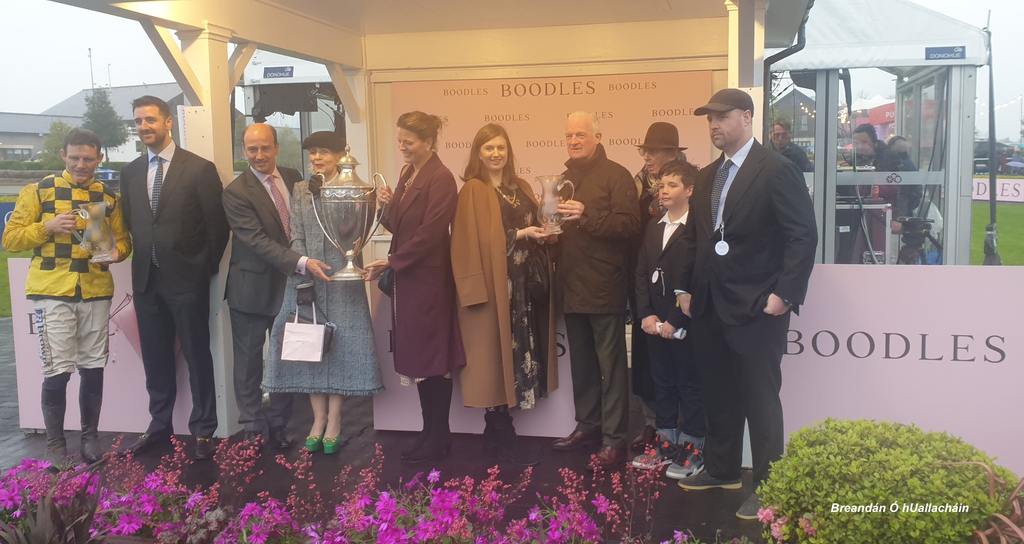 The winning connections of State Man receive their Boodles Champion Hurdle prizes. (Breandán Ó hUallacháin photo)