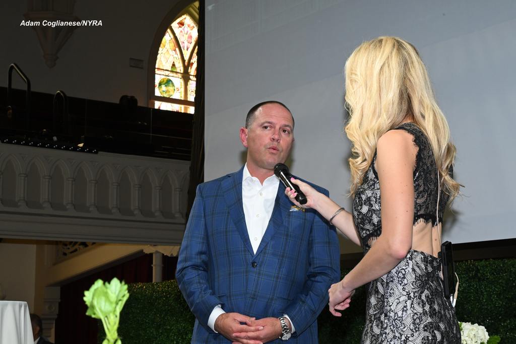 Chad Brown comments after the Belmont Draw with Acacia Courtney Clement. (Adam Coglianese/NYRA)