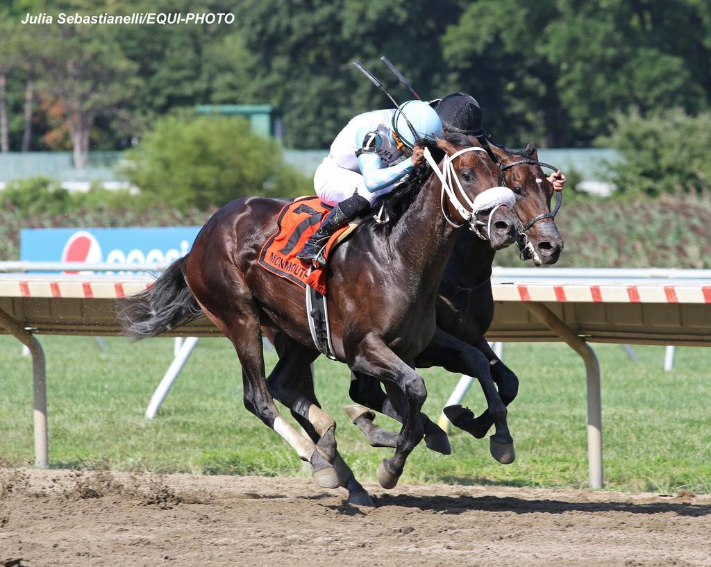 Crazy Frazy #7 with Carlos Rojas riding edges Global Legend and Joe Bravo to win the $200,000 Sapling Stakes. (Julia Sebastianelli/EQUI-PHOTO)