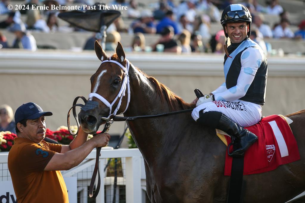 Rispoli and Sunset Glory off to the winner's circle. (Ernie Belmonte/Past The Wire)