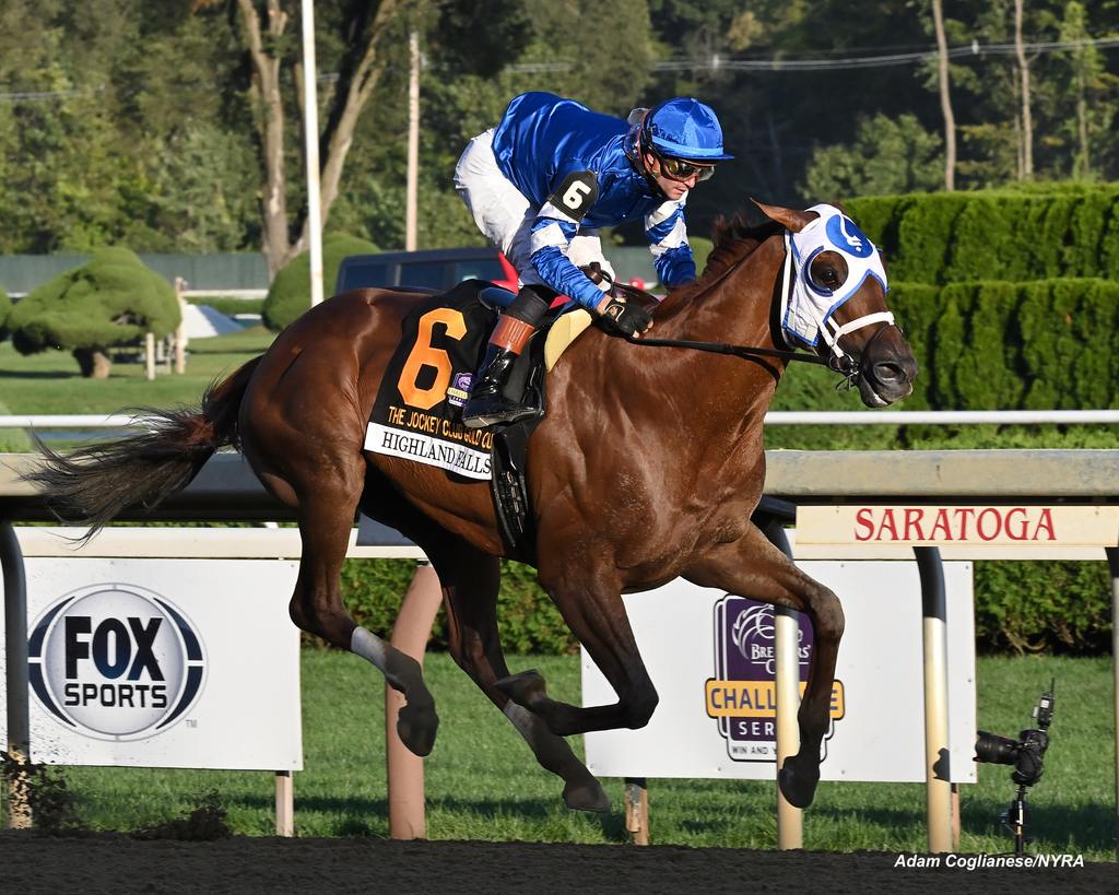 Highland Falls glistens to the finish. (Adam Coglianese/NYRA)